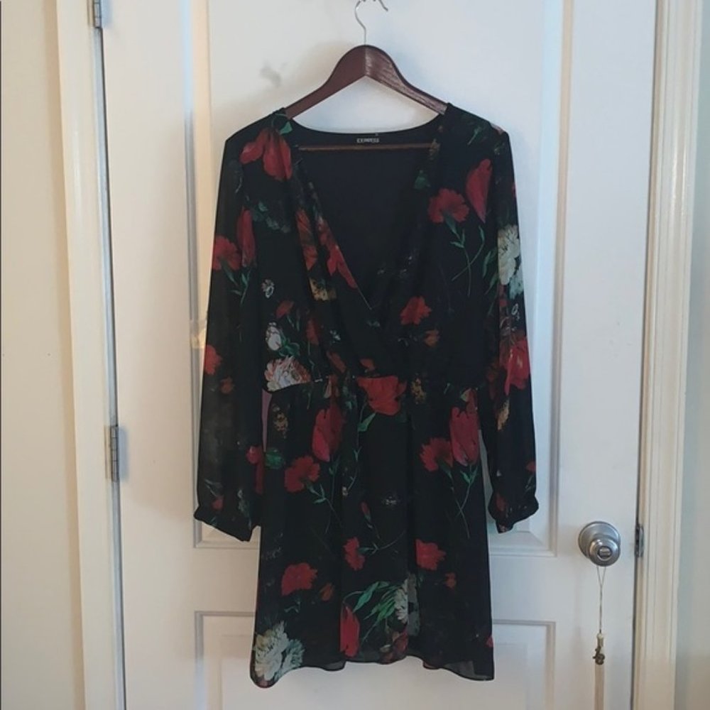 Express Floral Black Baby-Doll Dress, Flirty, Large
